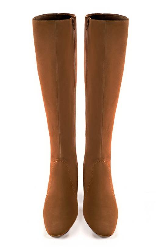 Caramel brown women's feminine knee-high boots. Round toe. High block heels. Made to measure. Top view - Florence KOOIJMAN